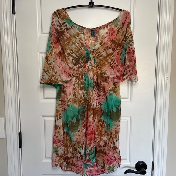Bisou Bisou Women's Multicolored Sheer Empire Waist Open Arm Swimsuit Cover L - Picture 10 of 11